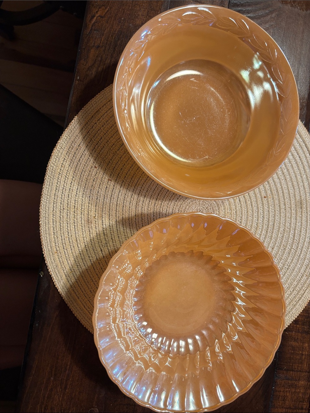 Set of two fire-king peach lustre bowls in a collectible shell pattern